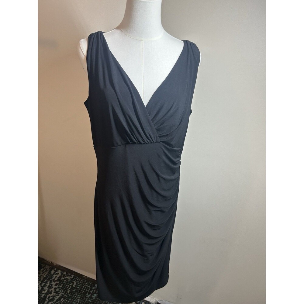 Lauren Women"s Wrap Dress Size 14 Black Stretch V-Neck Sleeveless 206